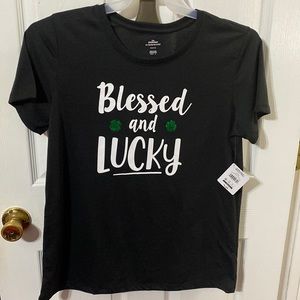celebrate! St Patrick’s day tee shirt with words “Blessed and Lucky”; sz:M,L,XL